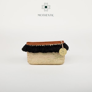 Mothentic Straw Black Pompom Clutch Shoulder Bag