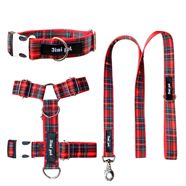 Dog Harness Set, Dog Leash&Dog Collar Set, Handmade Dog Harness, Handmade Leash , Hundegeschirr, Tartan Red Model