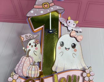 Topo de bolo de Halloween, decoração de aniversário fantasma, festa de primeiro aniversário do Boo assustador, menina assustadora, decoração de festa de Halloween para meninas,