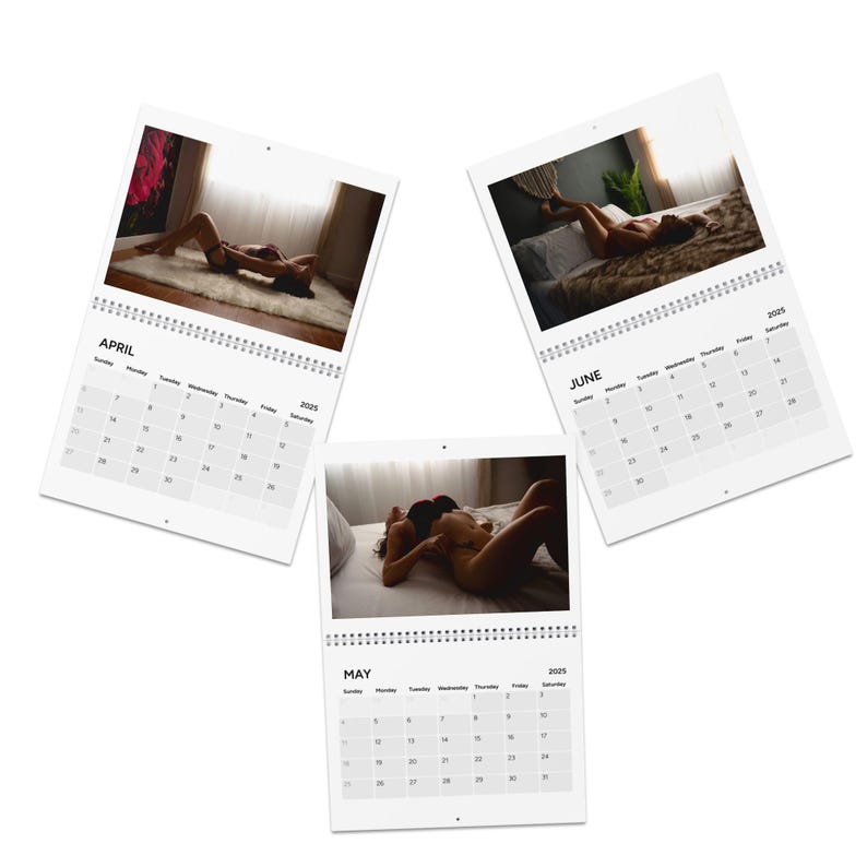 May include: Three calendar pages with images of a person in a bedroom setting. The calendar pages are for April, May, and June of 2023.