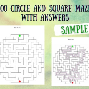 May include: A sample page from a book of 100 circle and square mazes with answers. The maze is numbered 1 and has a green circle at the start and a red circle at the end. The solution to the maze is shown in purple.