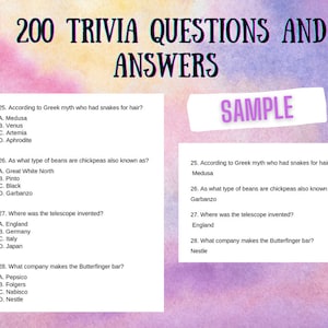 Trivia Questions, 200 Quiz Questions with Answers Book, Fun Memory Challenging Games Book, Printable Trivia Quiz worksheets