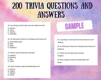 Trivia Questions, 200 Quiz Questions with Answers Book, Fun Memory Challenging Games Book, Printable Trivia Quiz worksheets