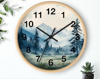 Watercolor Pine Trees and Mountains Wall Clock With Numbers, Foggy Forest Clock, Forest Wall Art, Woodland Theme Decor