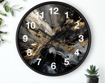 Black And Gold Abstract Wall Clock, Alchohol Ink Wall Clock, Gold Black Office Decor, Paint Splatter Gold And Black Modern Simple Wall Clock
