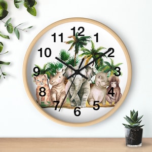 Safari Animals Nursery Wall Clock, Jungle Animals Bedroom Decor, Zoo Animals Elephant Monkey Rhino Lion Hippo, Boy Girl Cute Bedroom Decor