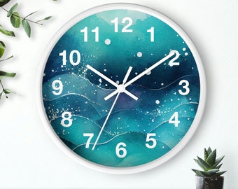 Teal Ombre Water Wall Clock With Numbers, Modern Simple Design Clock