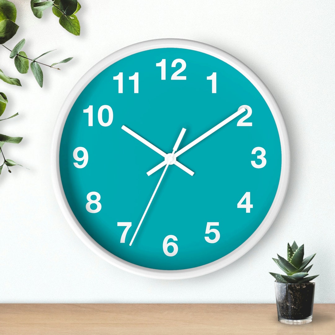 Teal Wall Clock With Numbers, Modern Simple Design Clock, Blue Teal