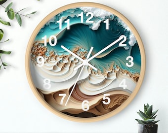 Beach Wall Clock With Numbers, Beach House Coastal Home Decor, Ocean Beach Wall Decor, Beach Waves Water Ocean Style Wall Clock