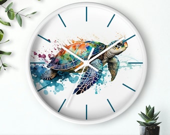 Sea Turtle Wall Clock, Watercolor Colorful Sea Turtle Designed Clock, Ocean Life Home Decor, Sea Turtle Decor, Save The Turtles, Sea Life