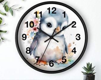 Penguin Floral Wall Clock, Watercolor Cute Penguin Nursery Wall Clock, Penguin Clock Wall Kids, Penguin Design Wall Clock, Penguin Nursery