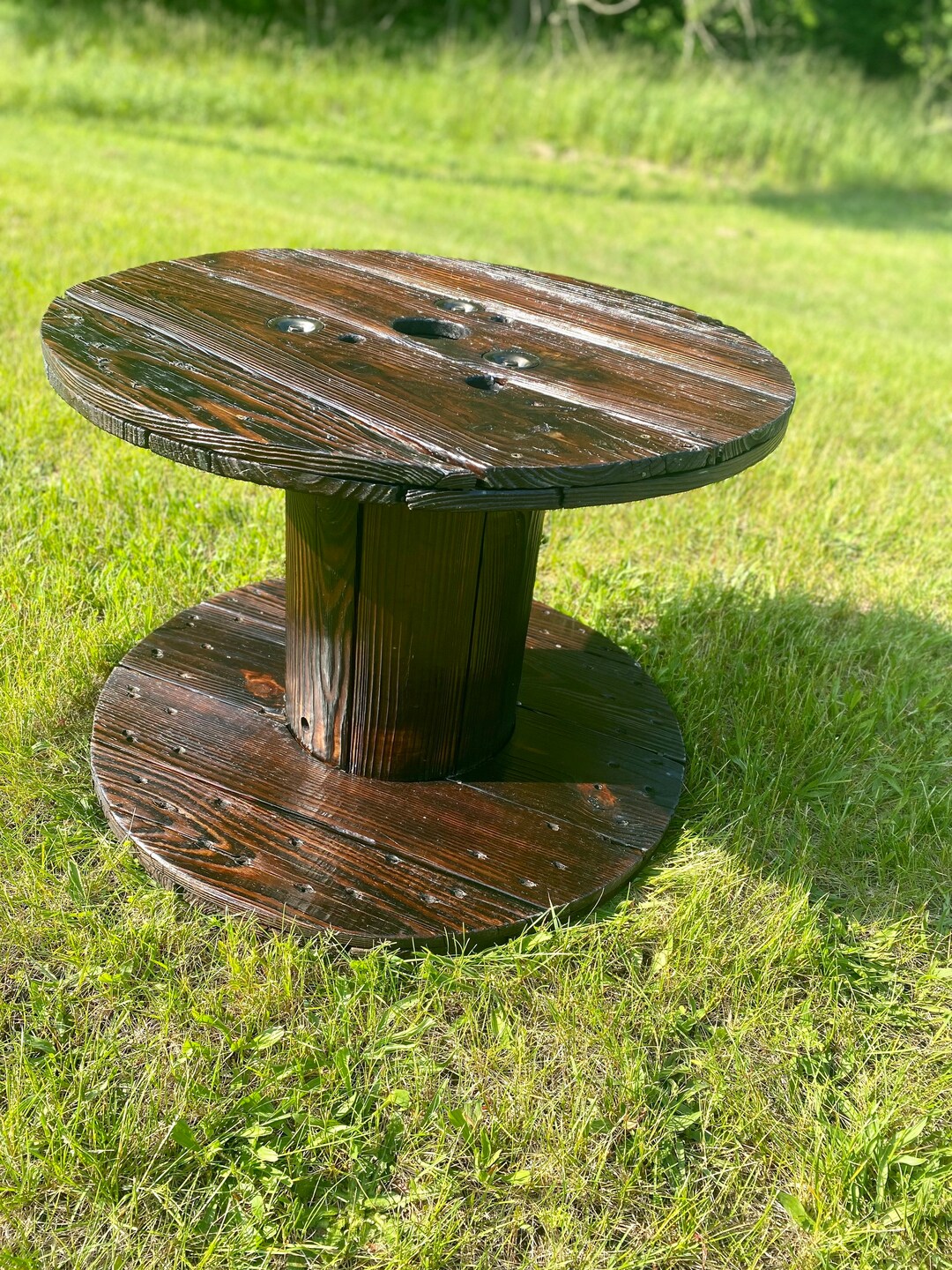 Homemade Wooden Spool Table- Oak top w/ drink bucket (pine/poplar stand)