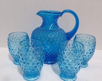 Pichet vintage en verre bullé Indiana Tiara Hobnail 1980 et 4 verres de 8 oz