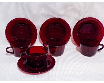 Vintage Anchor Hocking Royal Ruby Red Glass Cups & Saucers MCM Set of 4 Each