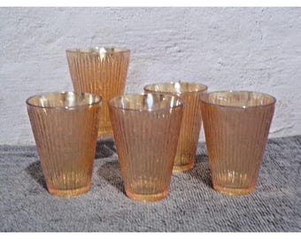 Vintage Jeanette Tree Bark Marigold Iridescent Carnival Juice Glasses Set of 5