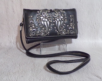 Angel Wing Studded Leather Chic Wallet with Detachable Shoulder Strap