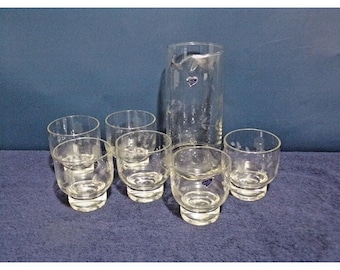 Jarra de martini de cristal grabado Javit Crystal de estilo vintage de los años 70 con 6 vasos.