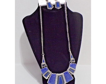 Yazilind Vintage ethnischen tibetischen Silber & Blau Rinestone Halskette Ohrringe Set