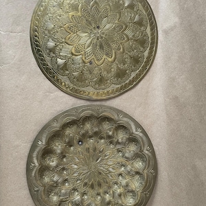 Vintage Set of 2 Brass Plate Wall Hanging Made in India Intricate Design Concave and Convex