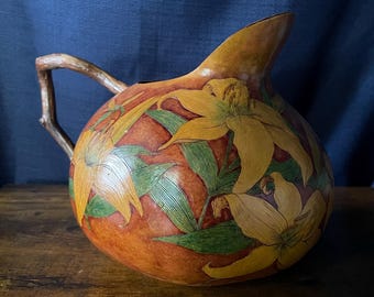 Vintage Pyrography Gourd Pitcher  Signed PLS Folk Art Decorative Vessel