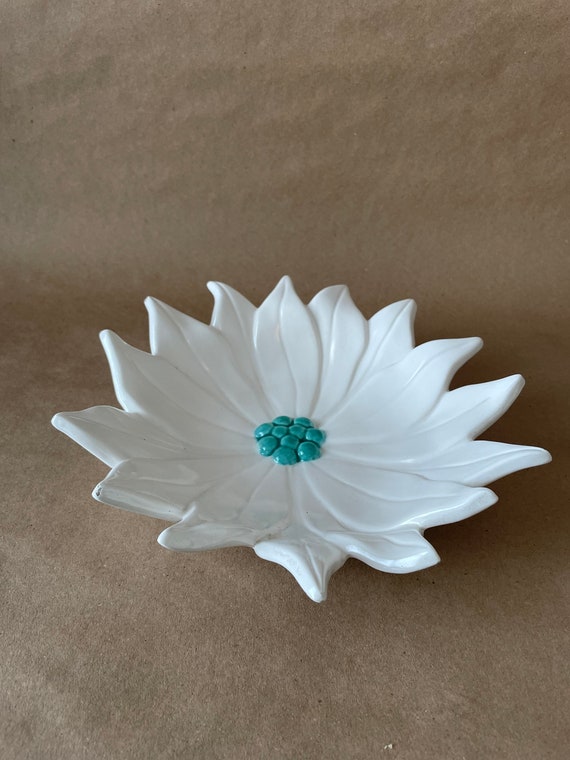 Vintage Ceramic White Flower Dish with Turquoise … - image 3