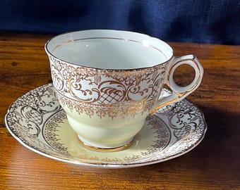 Vintage Royal Stafford Bone China Teacup and Saucer With Gold Accents