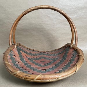Vintage Green and Red Woven Basket with Handle Made in Philippines