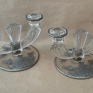 Vintage Pair of Large Glass Candle Holders with Floral Motif on Base