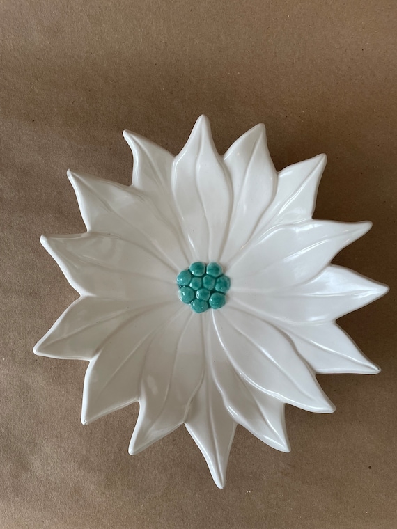 Vintage Ceramic White Flower Dish with Turquoise … - image 2