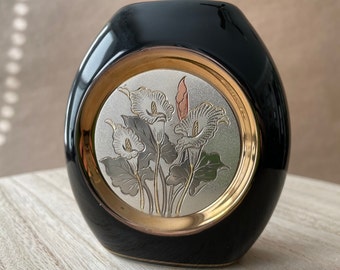 Vintage Chokin Vase Black with Calla Lillies Made in Japan