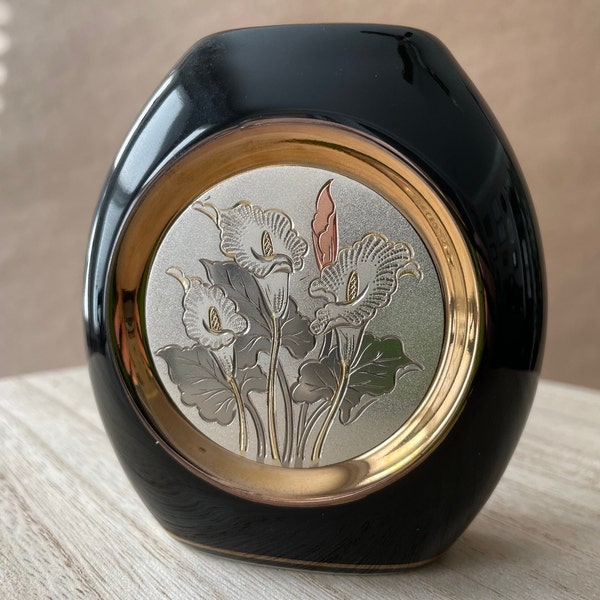 Vintage Chokin Vase Black with Calla Lillies Made in Japan