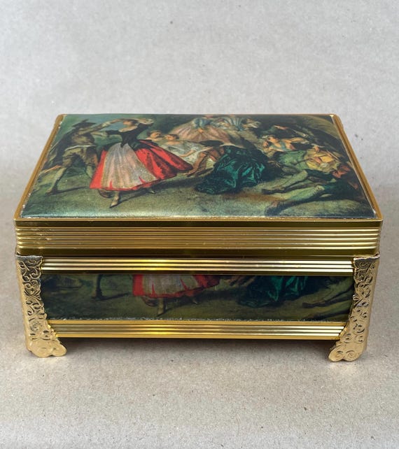 Vintage Schmid Brothers Jewelry Box Music Box Satin Portrait Japan