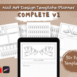 May include: A digital planner template for nail art designs. The template includes sections for color palettes, product lists, and nail shapes. The text "Nail Art Design Template Planner Complete V1" is at the top of the page.