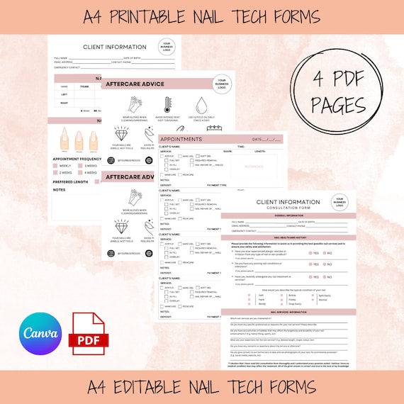 Editable Nail Tech Forms for clients | Nail Clients Forms Journal  | Printable Nail Tech Journal | Digital Download Nail Forms for Clients
