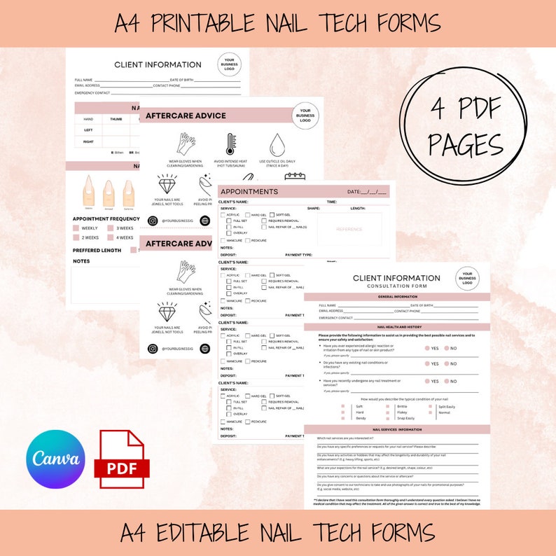 May include: Four printable PDF forms for nail technicians. The forms include client information, appointment scheduling, aftercare advice, and a consultation form. The forms are pink and white with a diamond design.
