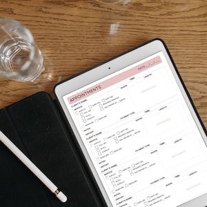May include: A pink and white digital tablet with a checklist for appointments. The checklist includes fields for client's name, service, date, time, shape, length, payment type, notes, and deposit.