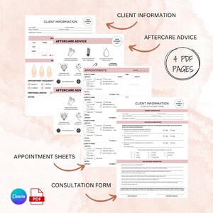 May include: Four printable PDF pages for a nail salon business. The pages include client information forms, appointment sheets, and aftercare advice. The forms are pink and white with a modern design.