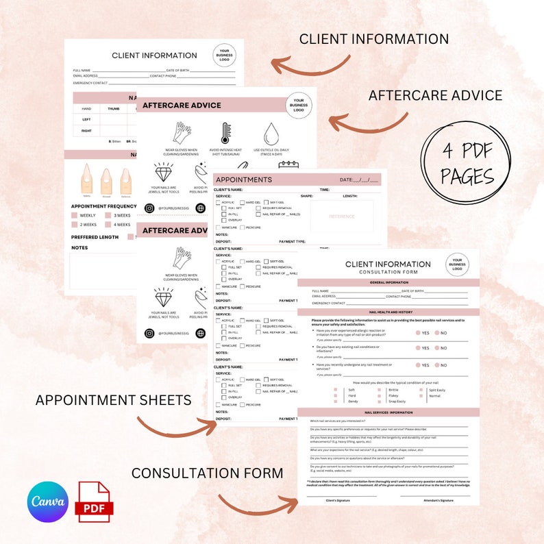 May include: Four printable PDF pages for a nail salon business. The pages include client information forms, appointment sheets, and aftercare advice. The forms are pink and white with a modern design.