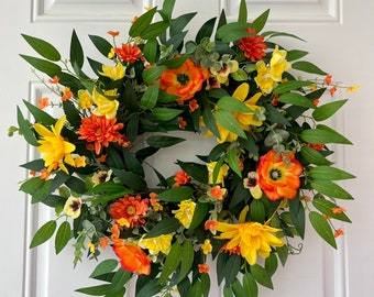 Spring door wreath, daisy and wildflower front door wreath, orange and yellow spring decor, spring grapevine wreath, gift