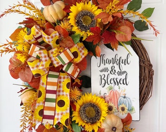 Fall door wreath, fall sunflower thankful and blessed sign door wreath, fall farmhouse door wreath, autumn door wreath, fall decor, gift