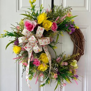 Summer front door wreath, spring front door wreath, yellow & pink rose wreath, farmhouse decor, rustic decor, home decor, grapevine wreath