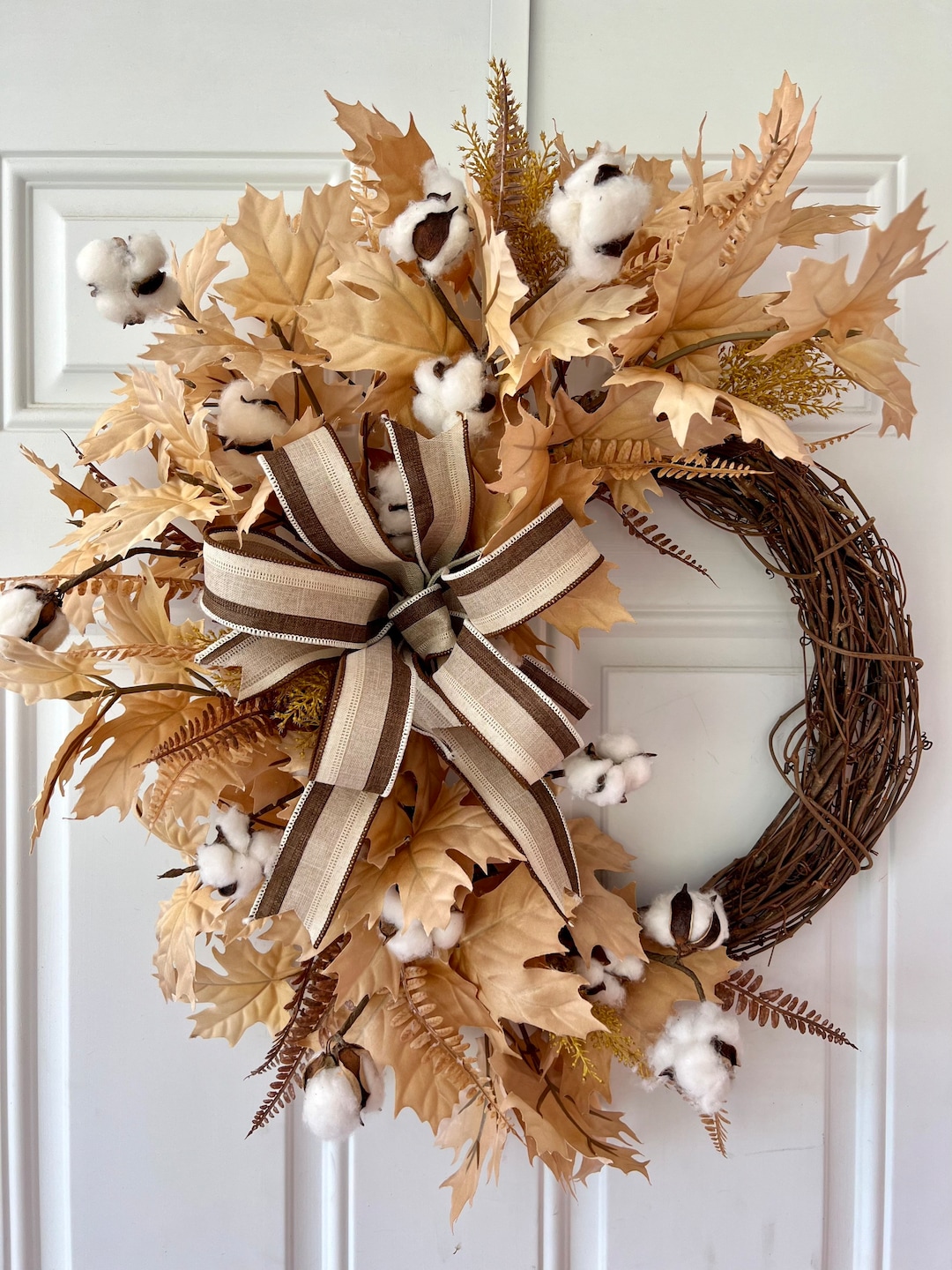 Neutral Fall Cotton Grapevine Front Door Wreath, Cotton Door Wreath ...