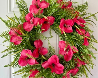 Spring & Summer hibiscus grapevine front door wreath, entryway decor, high quality door wreath, farmhouse wreath, housewarming gift
