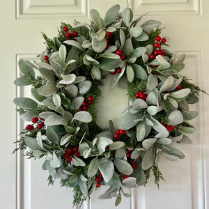 Lamb’s Ear Christmas Front Door Wreath, Red Berry Wreath, Farmhouse ...