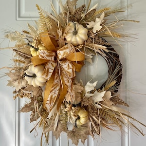 Autumn wreath with pumpkins and fall foliage, Autumn rustic door wreath, Fall wreath, Fall decor