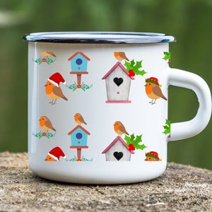 Robin cottagecore vibe retro themed enamel mug, ideal gift for bird lovers, home decor item, housewarming gift idea, Festive robin mug