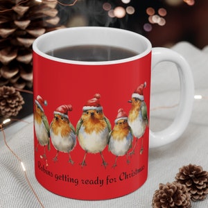 Robins Cute Christmas Mug, Robins Christmas, Festive Robins, bird lovers gift, Robins, Holiday Robin mug, Robin lineup, Cute bird design mug