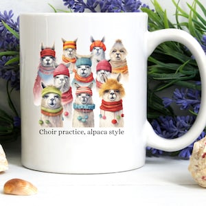 Alpaca choir practice, mug with alpacas, choir mug, tea lovers mug, great gift idea for choir members, colourful mug, alpacas with scarves