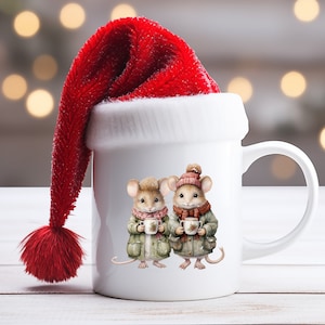 11 oz ceramic mug featuring cute mice holding cups,  two sided design, ideal gift idea for mouse lovers, fun unique design for a lovely mug