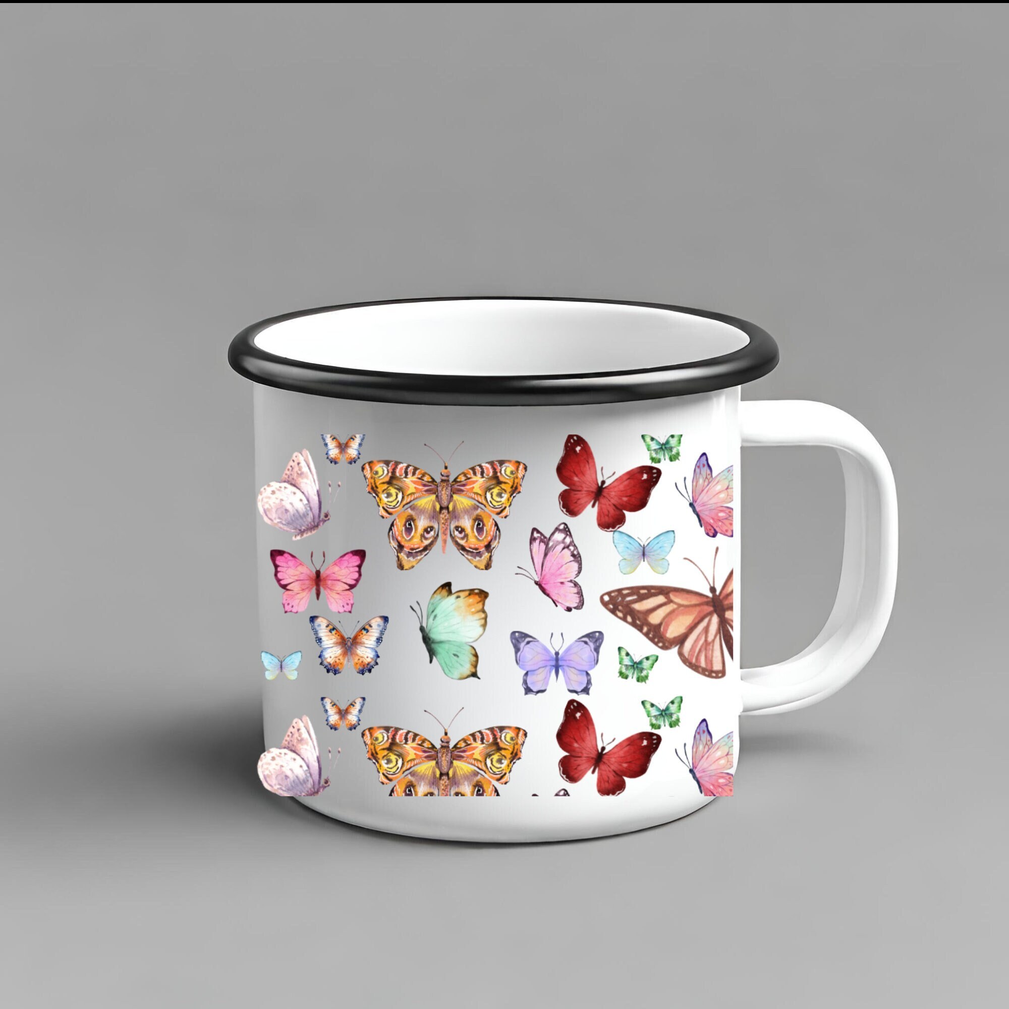 Butterfly 11oz enamel mug, ideal gift for nature lovers and gardeners, butterflies design on retro style enamel mug, home decor present